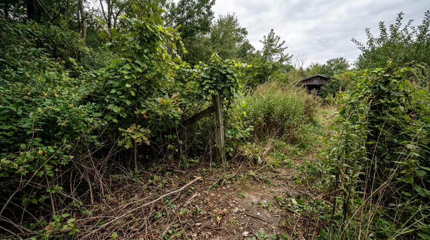 Overgrown, impassable land before clearing