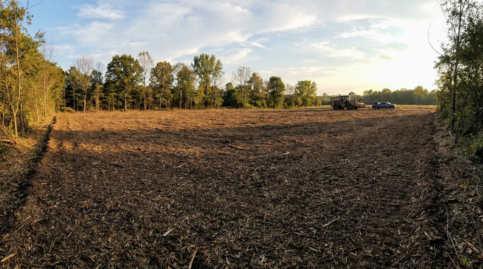 Wide cleared acreage at golden hour with mulching equipment