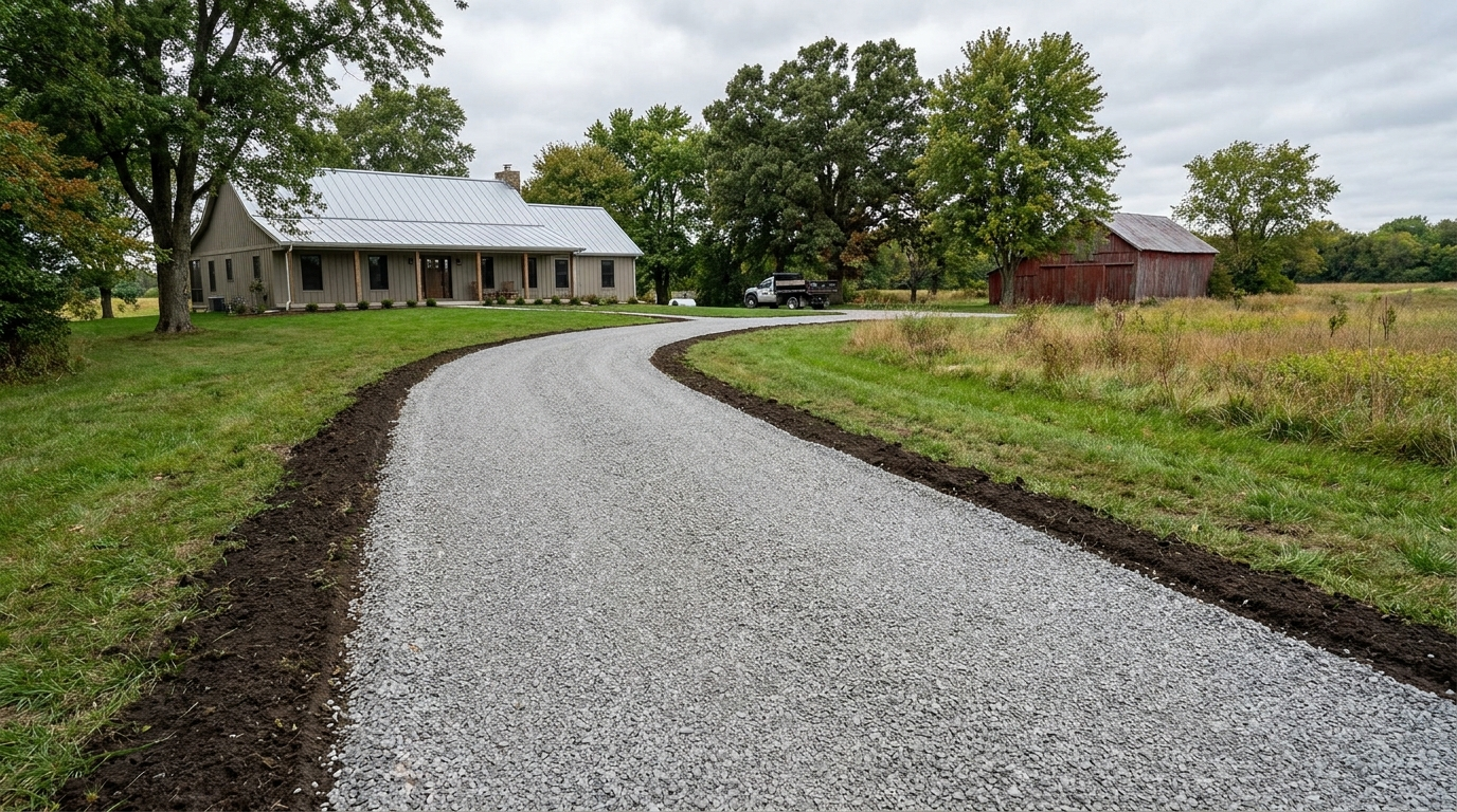Freshly graded stone driveway leading to a farmhouse