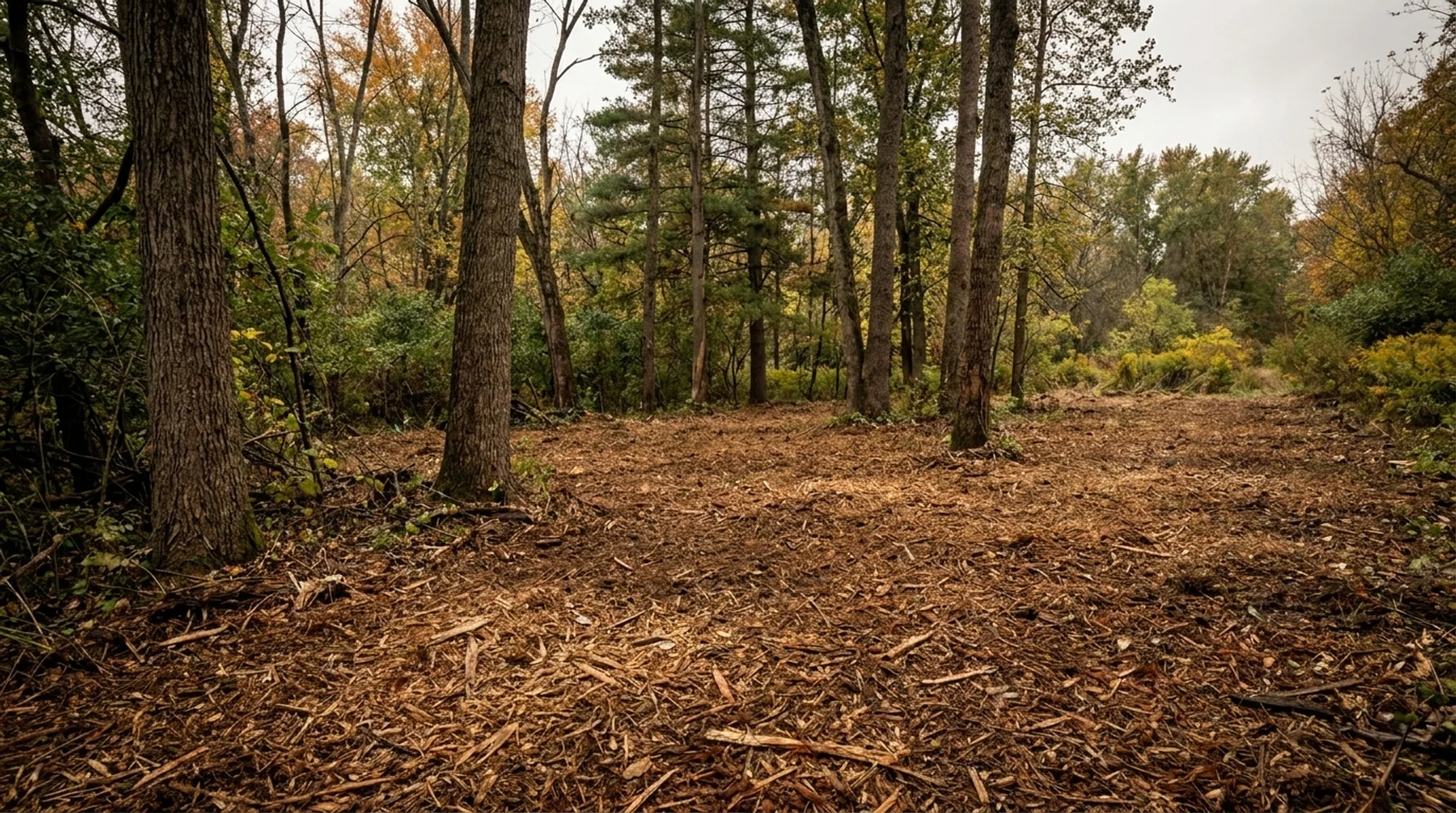 Wooded area cleared of underbrush, mulch ground cover