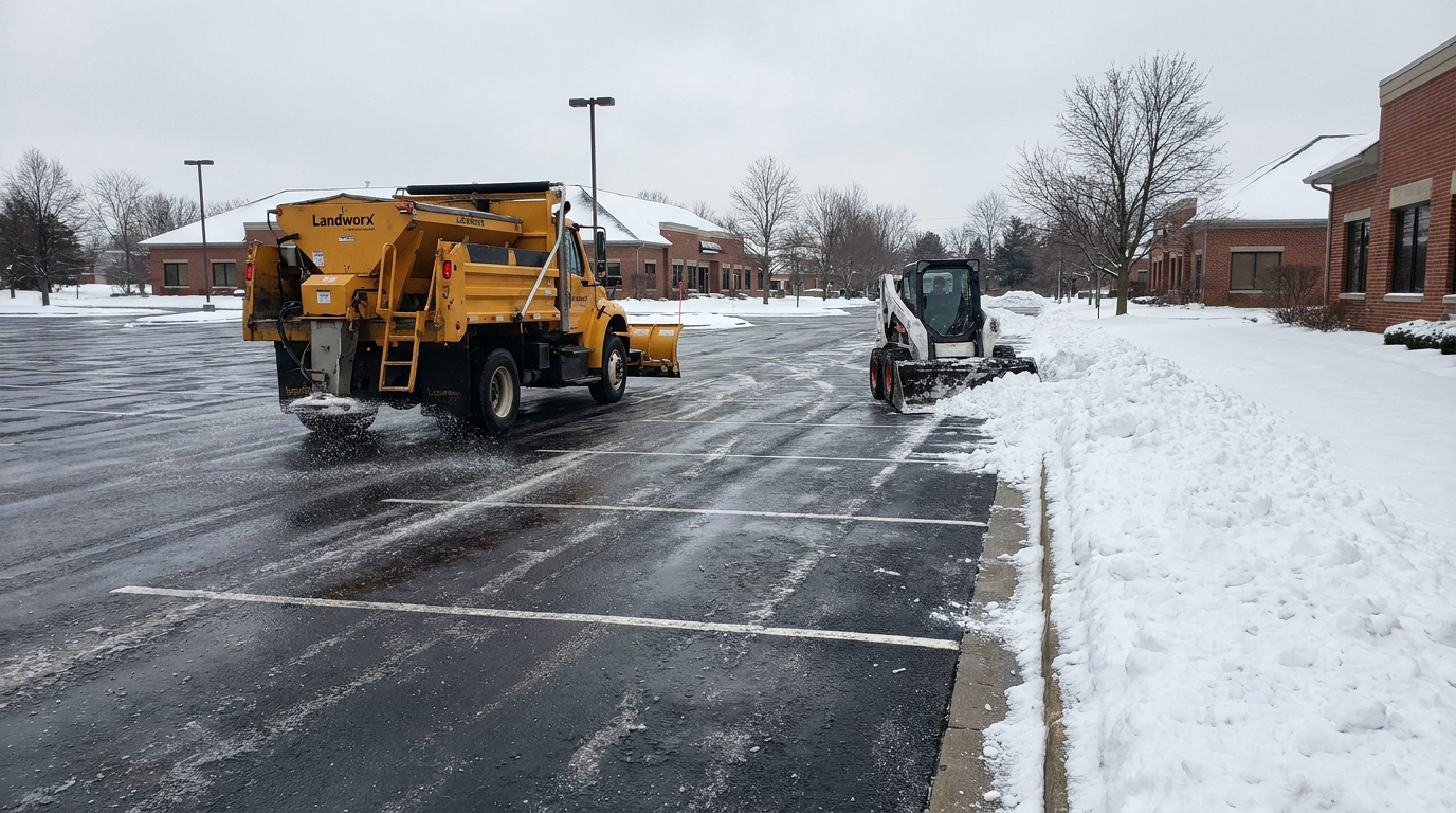 Landworx plow truck salting and a skid steer clearing a commercial parking lot