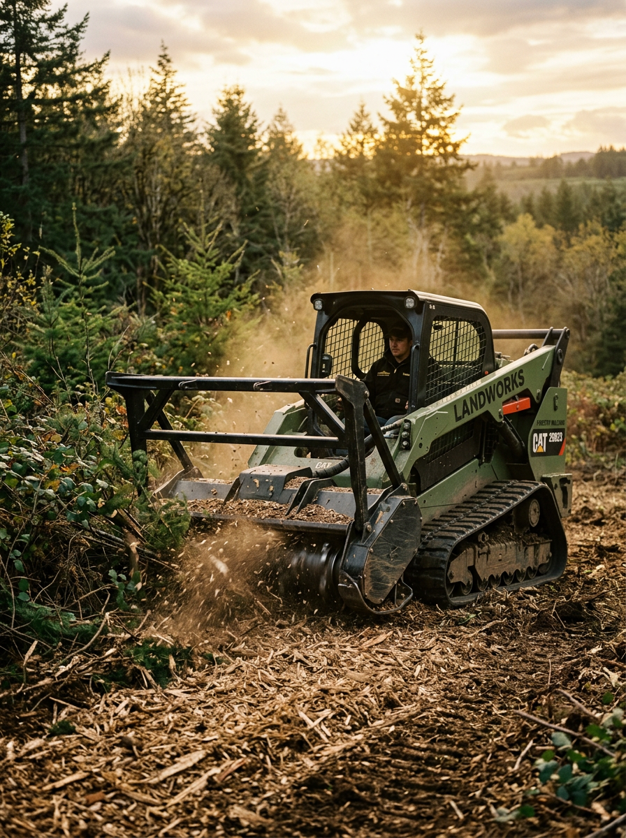 Landworx track loader with forestry mulching head clearing overgrown land at golden hour